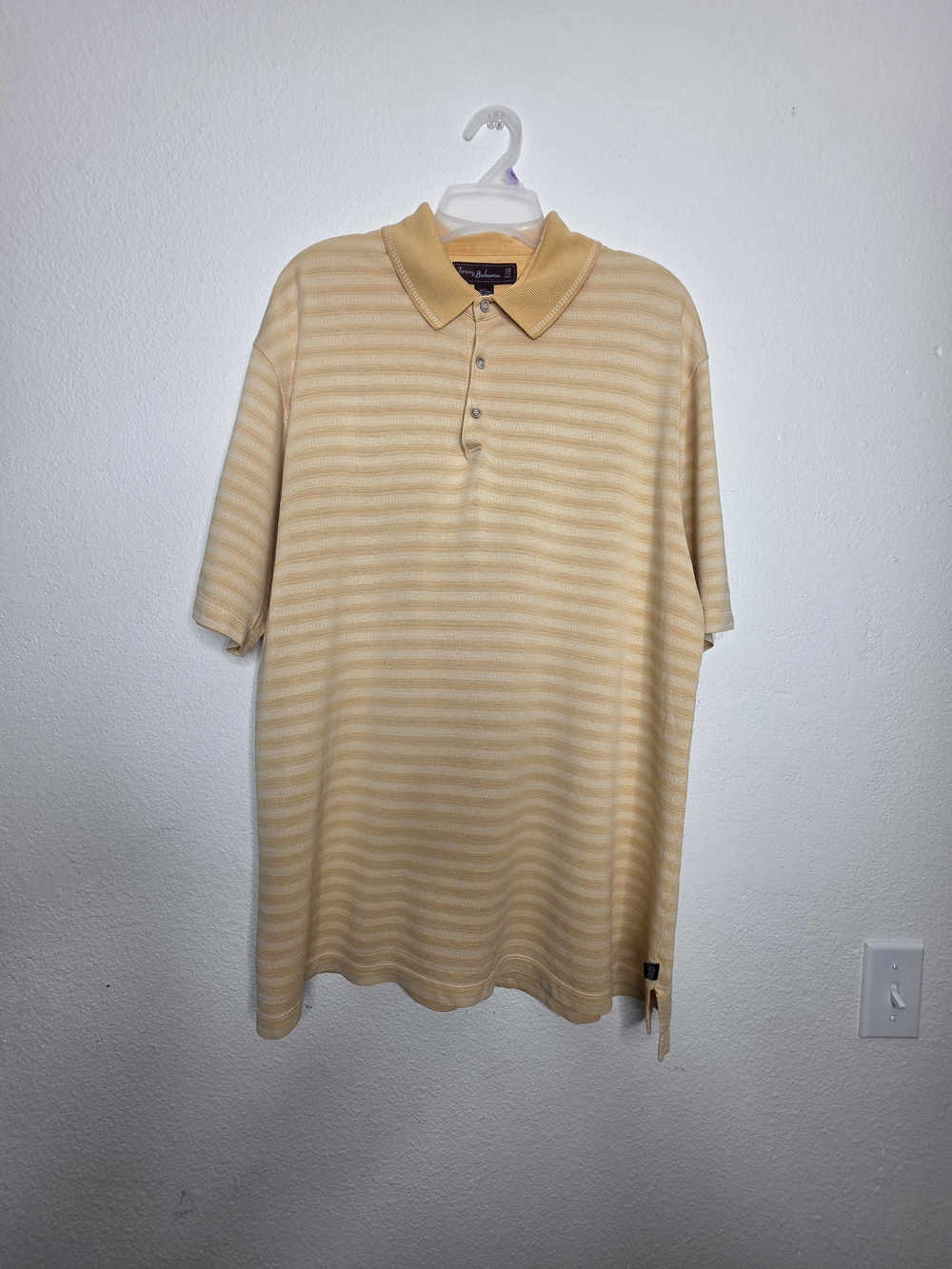 Tommy Bahama 18 Golf Mens L Yellow Beige Striped Short Sleeve Polo Palm Tree